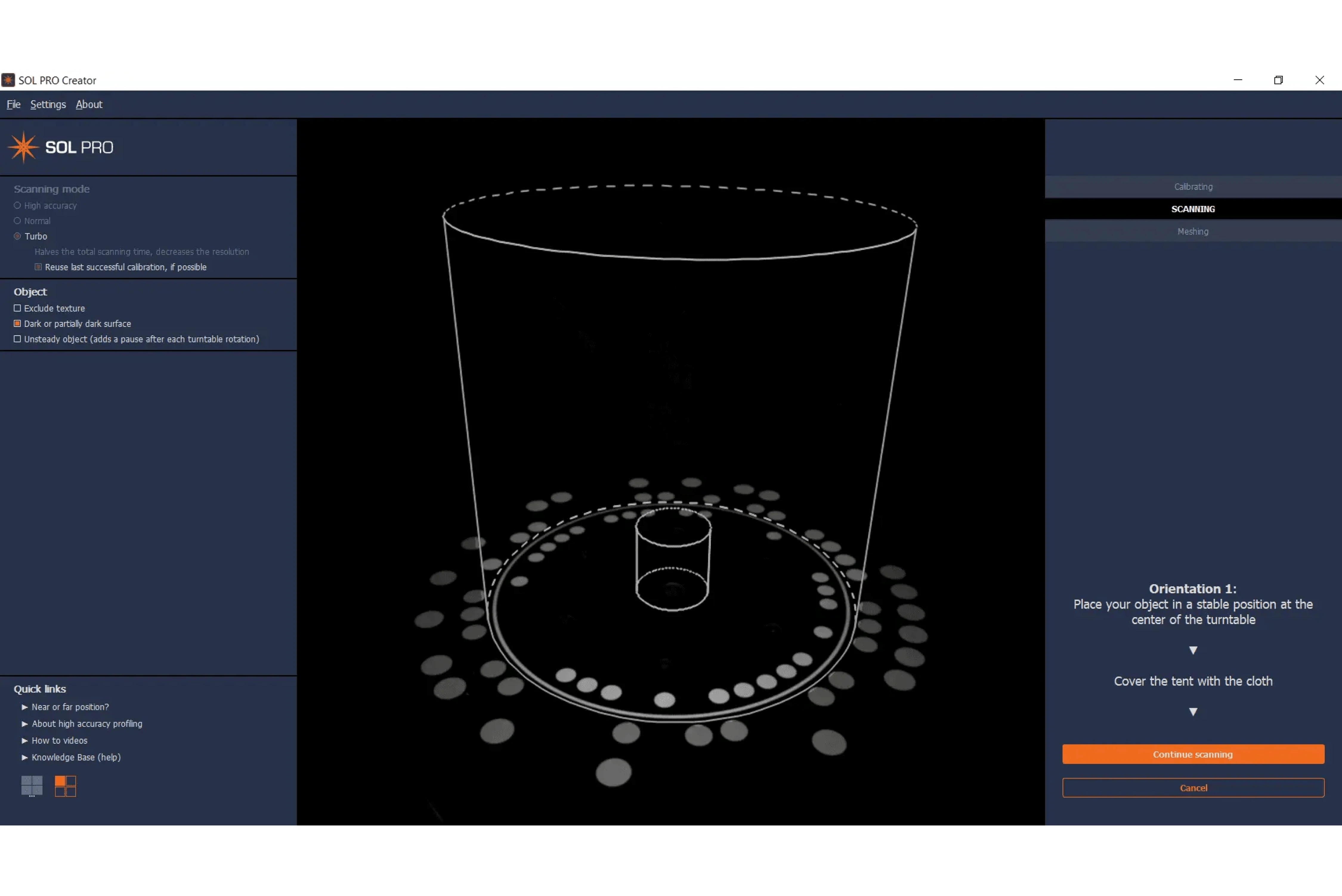 SOL PRO 3D inspection scanner software example before scanning